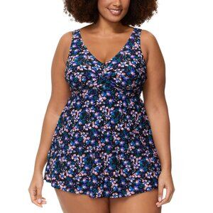 NWT Raisins Plus Size Lucia V-Neck Swimdress One Piece Swimsuit Black Multi 24W